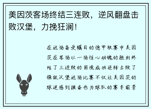 美因茨客场终结三连败，逆风翻盘击败汉堡，力挽狂澜！